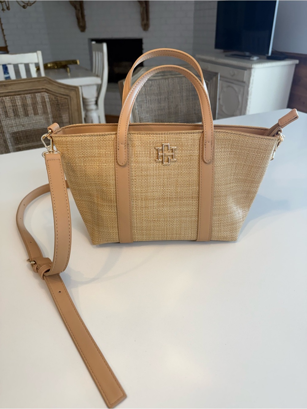 Straw Crossbody Tote with Tan Leather Trim